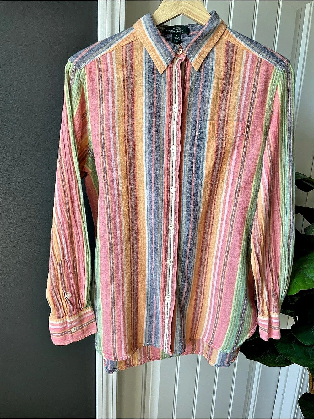 Lauren Jeans Co Ralph Lauren Multi Color Pastel Stripe Button Up Shirt Womens XS